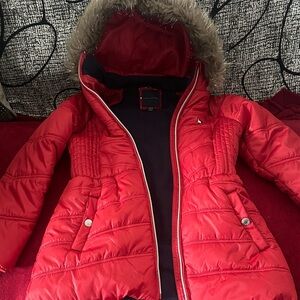 Tommy Hilfiger Red Puffer Jacket with Faux Fur Hood